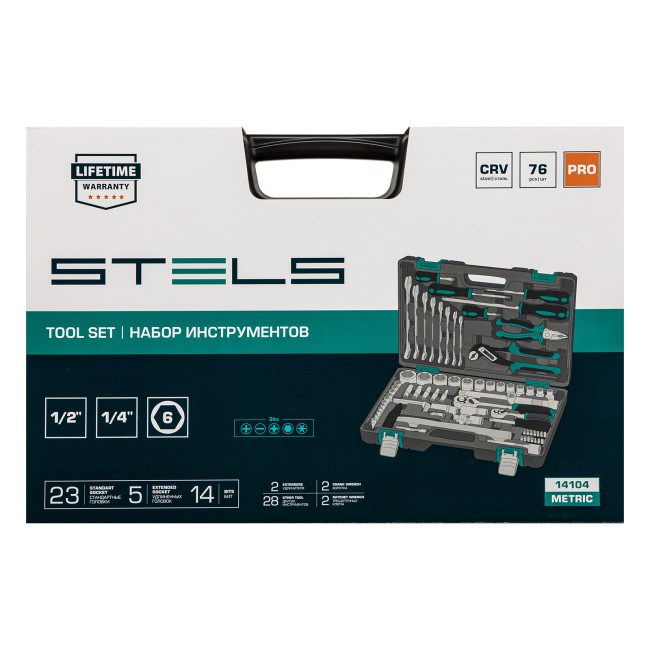 Набор инструментов 1/2", 1/4", CrV 76 предметов Stels Набор инструментов 1/2", 1/4", CrV 76 предметов Stels